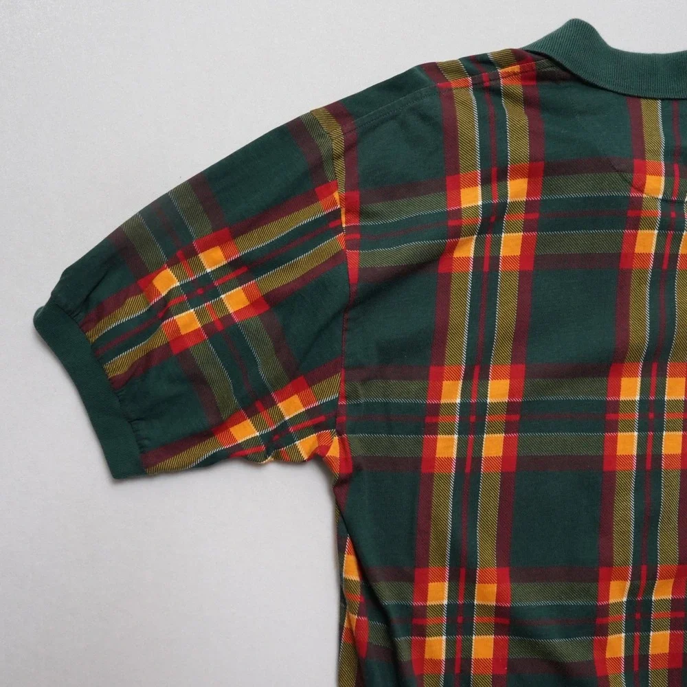 IZOD Plaid Polo Shirt Mens Medium Green Red Yellow Golf Preppy Vintage Style - Picture 13 of 14